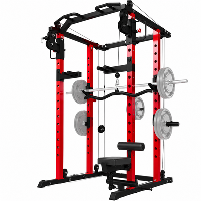 Power Rack and Smith Machine with LAT Pulldown & Dual Pulley, 2000Lbs Squat Rack for Home Gym, All-In-One Strength Training Cage with Cable Crossover, Bench Press