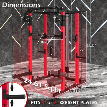 Power Rack and Smith Machine with LAT Pulldown & Dual Pulley, 2000Lbs Squat Rack for Home Gym, All-In-One Strength Training Cage with Cable Crossover, Bench Press