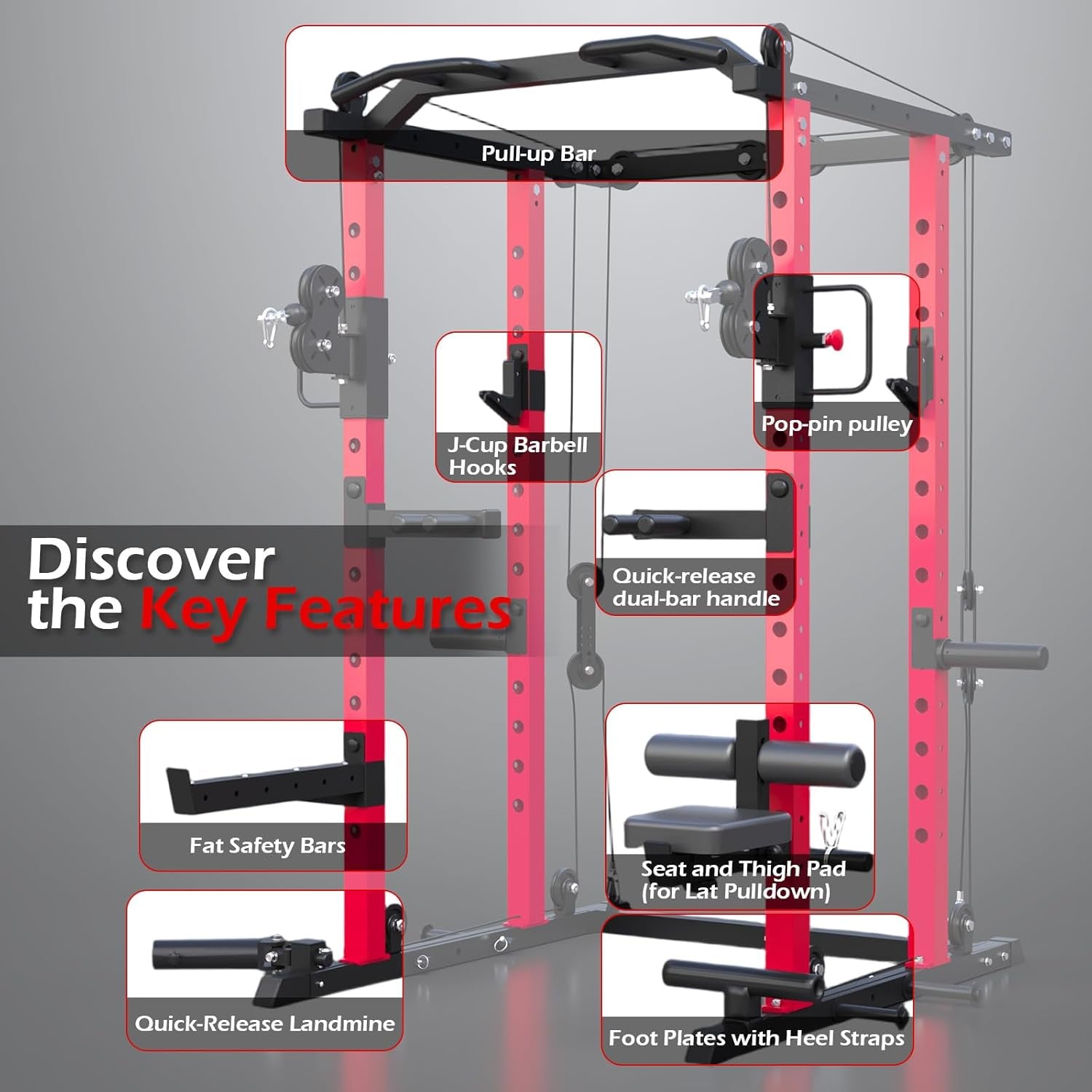 Power Rack and Smith Machine with LAT Pulldown & Dual Pulley, 2000Lbs Squat Rack for Home Gym, All-In-One Strength Training Cage with Cable Crossover, Bench Press