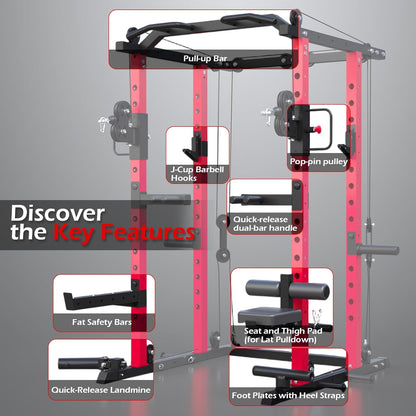Power Rack and Smith Machine with LAT Pulldown & Dual Pulley, 2000Lbs Squat Rack for Home Gym, All-In-One Strength Training Cage with Cable Crossover, Bench Press