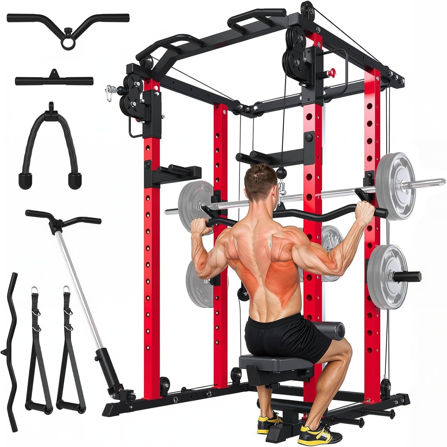 Power Rack and Smith Machine with LAT Pulldown & Dual Pulley, 2000Lbs Squat Rack for Home Gym, All-In-One Strength Training Cage with Cable Crossover, Bench Press