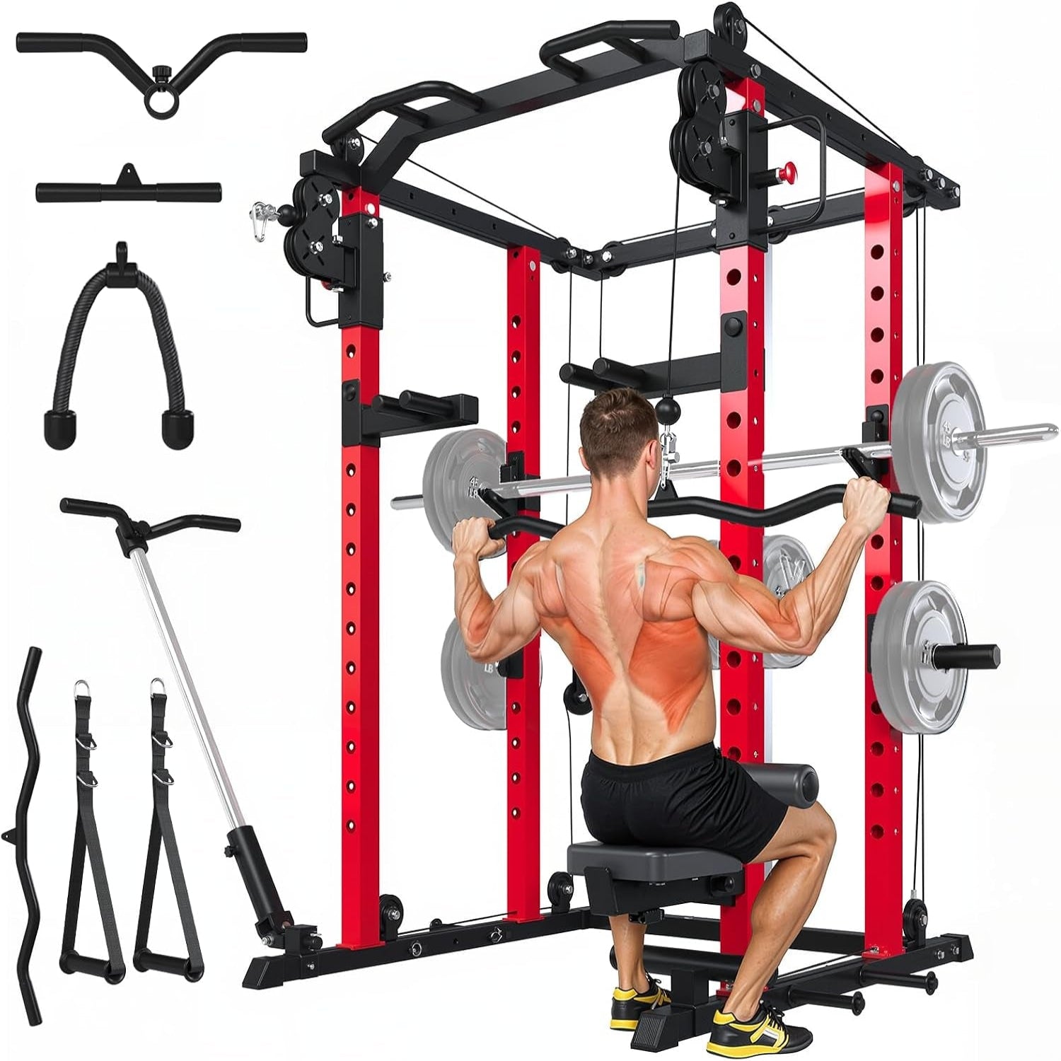 Power Rack and Smith Machine with LAT Pulldown & Dual Pulley, 2000Lbs Squat Rack for Home Gym, All-In-One Strength Training Cage with Cable Crossover, Bench Press
