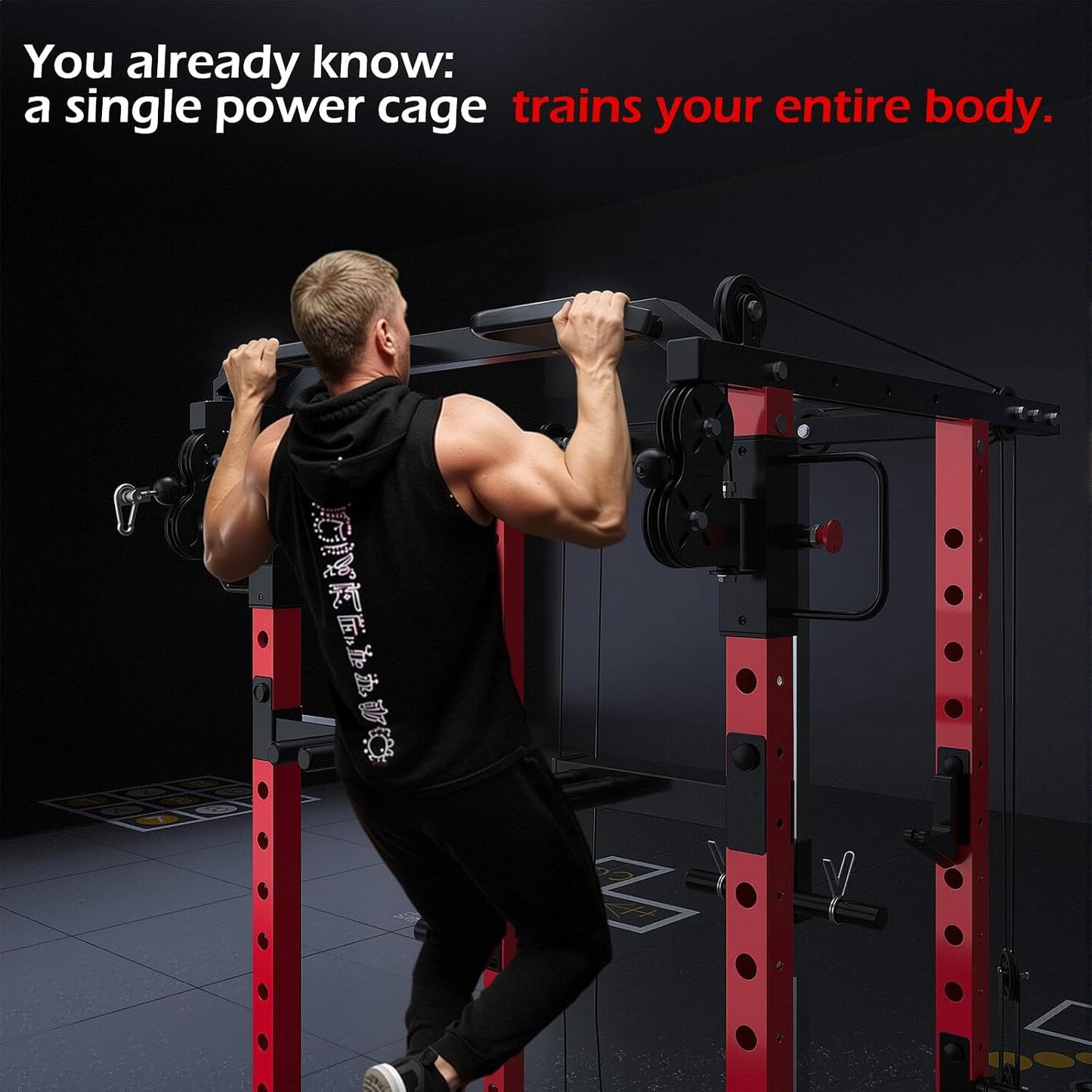Power Rack and Smith Machine with LAT Pulldown & Dual Pulley, 2000Lbs Squat Rack for Home Gym, All-In-One Strength Training Cage with Cable Crossover, Bench Press