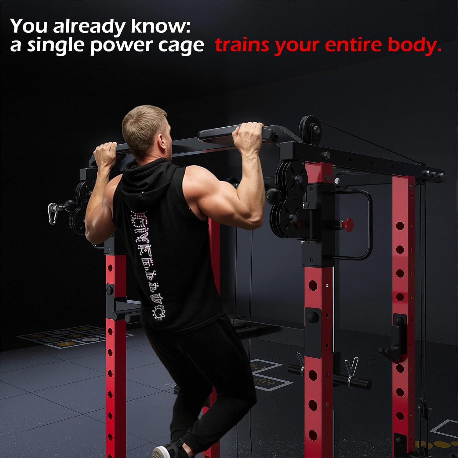Power Rack and Smith Machine with LAT Pulldown & Dual Pulley, 2000Lbs Squat Rack for Home Gym, All-In-One Strength Training Cage with Cable Crossover, Bench Press