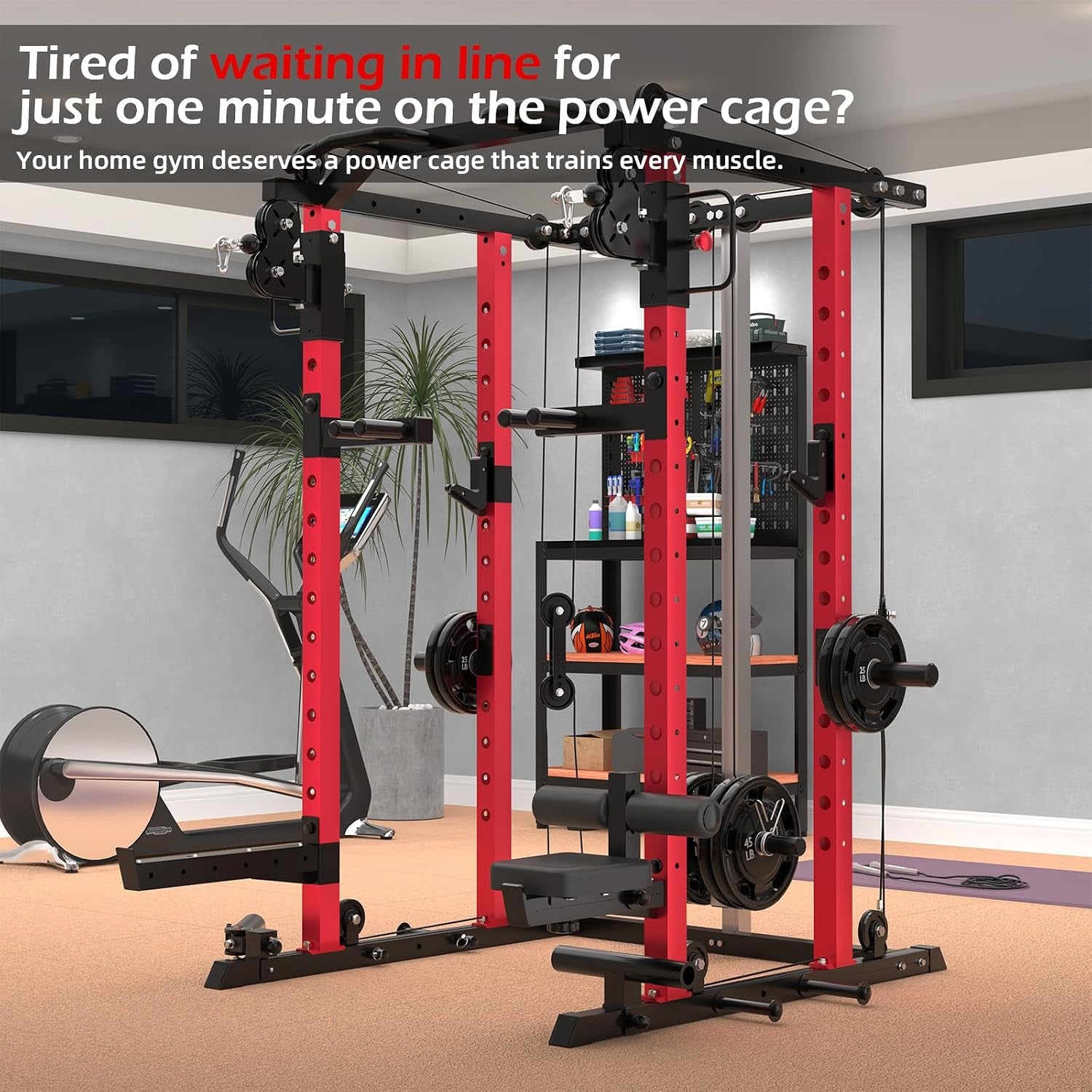 Power Rack and Smith Machine with LAT Pulldown & Dual Pulley, 2000Lbs Squat Rack for Home Gym, All-In-One Strength Training Cage with Cable Crossover, Bench Press
