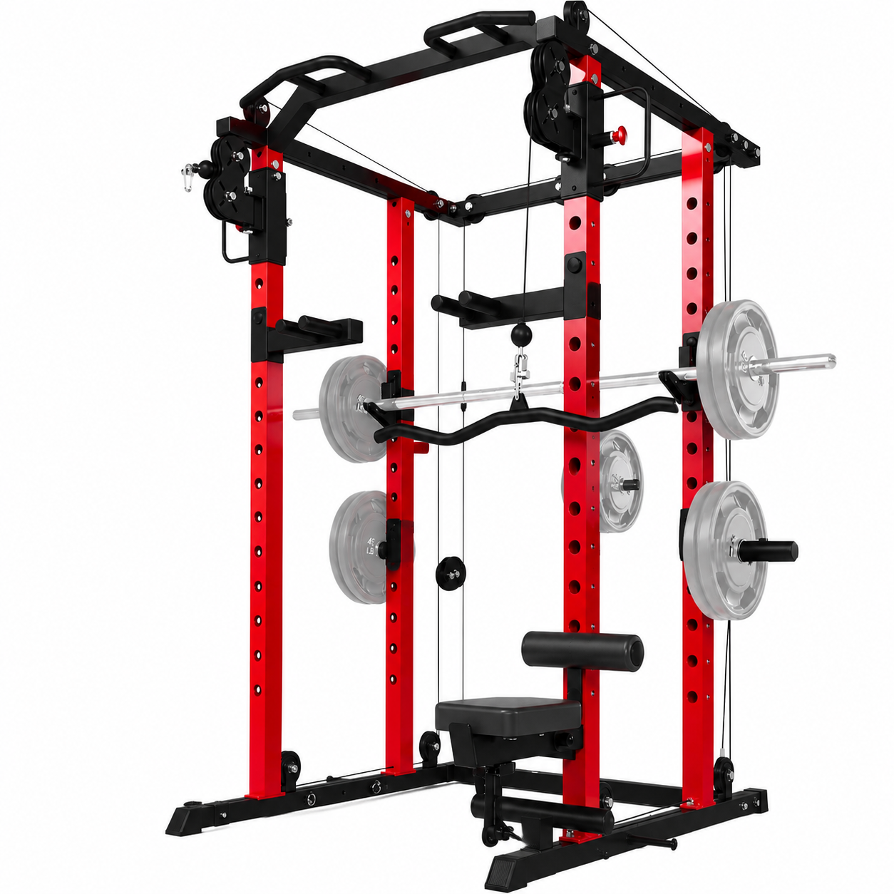Power Rack and Smith Machine with LAT Pulldown & Dual Pulley, 2000Lbs Squat Rack for Home Gym, All-In-One Strength Training Cage with Cable Crossover, Bench Press